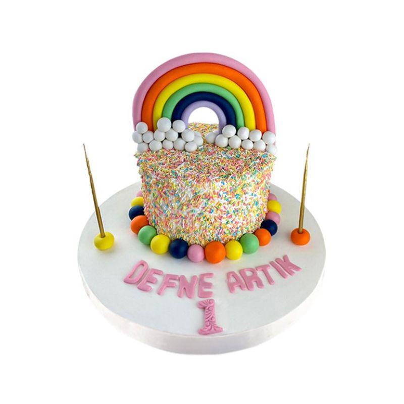 Süslü Gökkuşağı 1 Yaş Günü Pastası